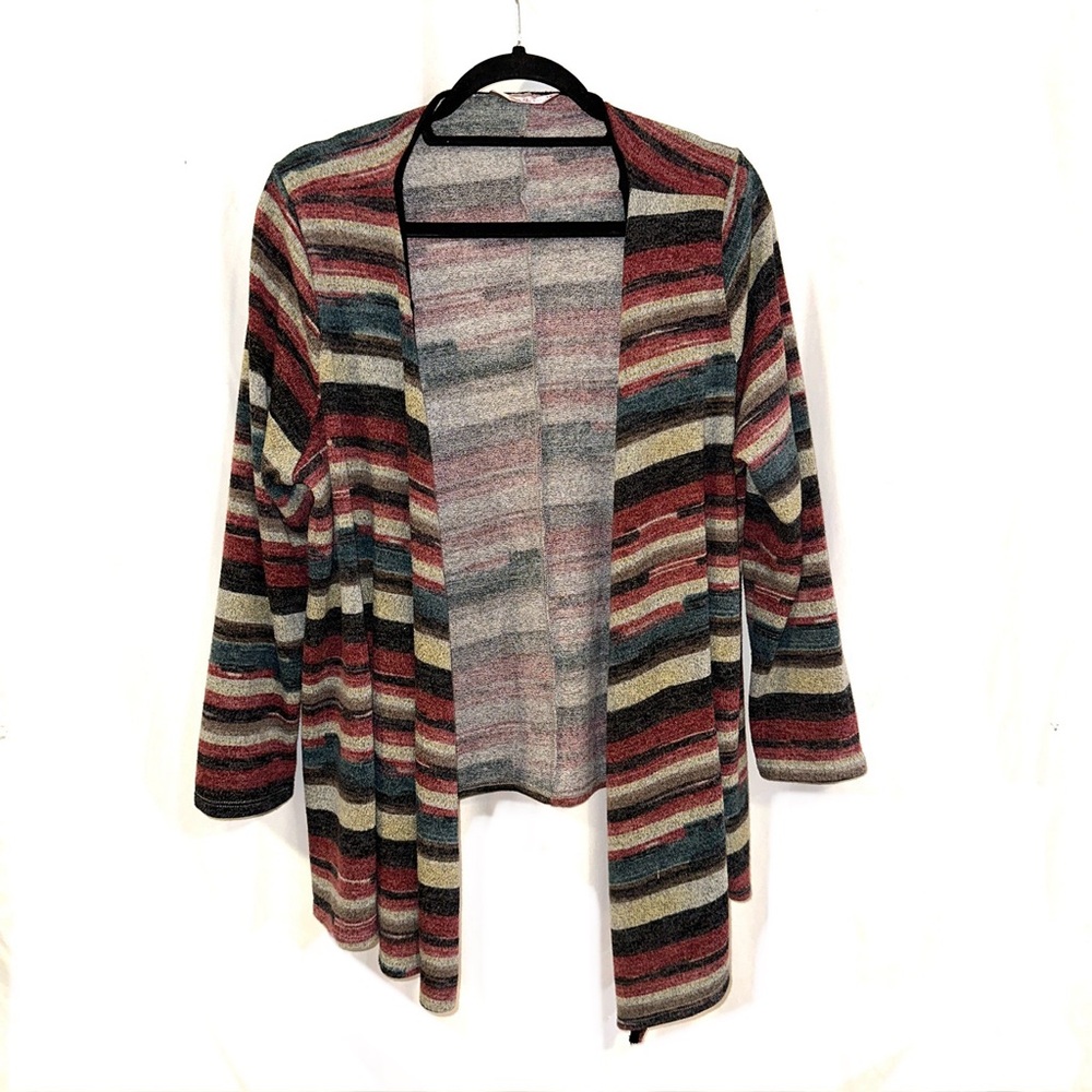 SJS Cardigan SW Stripe Sweater  Size 1X Open Front Flannel Cozy